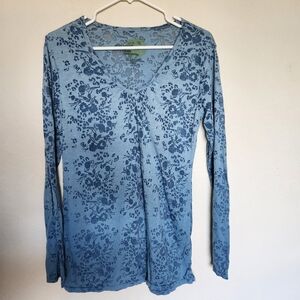 Eco Yoga womens v neck blue floral long sleeve top sz medium/large EUC cotton